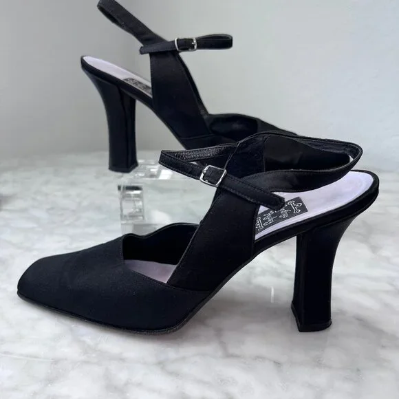 Cynthia Rowley Black Satin High Heels Shoes Women's Buckle Slingback Fabric 9AA - Picture 6 of 9